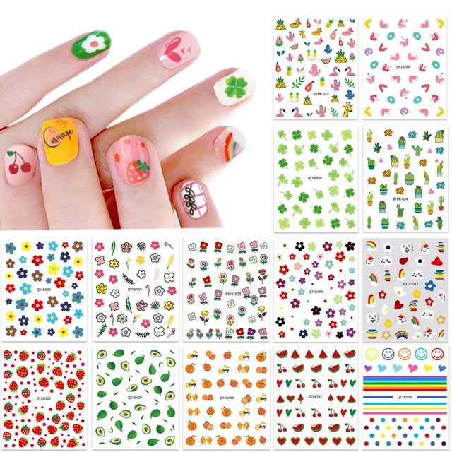 14 hojas de pegatinas de uñas para mujeres y niñas pequeñas, decoración de uñas, juego de pegatinas de uñas autoadhesivas 3D, incluye corazones, frutas, flores, animales, arcoíris, pegatinas para uñas