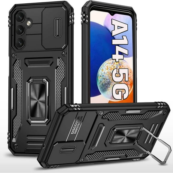 Military Grade Ring Holder Case with Camera Lens Cover for Samsung Galaxy A14 5G - Black