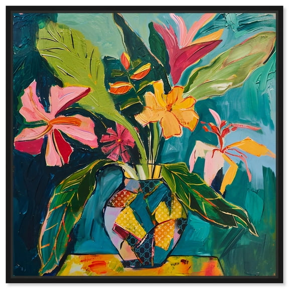 Vase Of Tropical Flowers II Flowers In Vase Paintings Canvas Wall Art by Art Remedy, Black Floater Frame, 13" x 13"