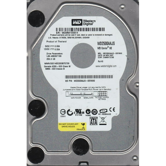 WD2500AAJS-00VWA0, DCM DANNHTJCAB, Western Digital 250GB SATA 3.5 Hard Drive