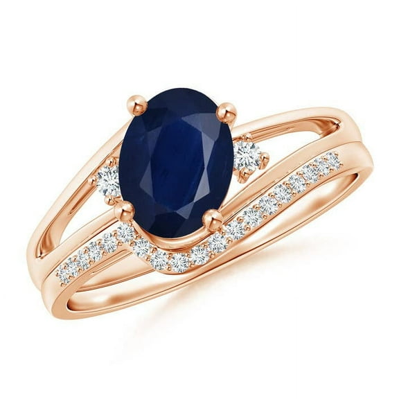 ANGARA Natural Oval 1.55 ct Blue Sapphire and Diamond Bridal Set in 14K Rose Gold for Women (Size-8x6mm) | September Birthstone, Anniversary, Jewelry Gift for Women | Natural Blue Sapphire Ring