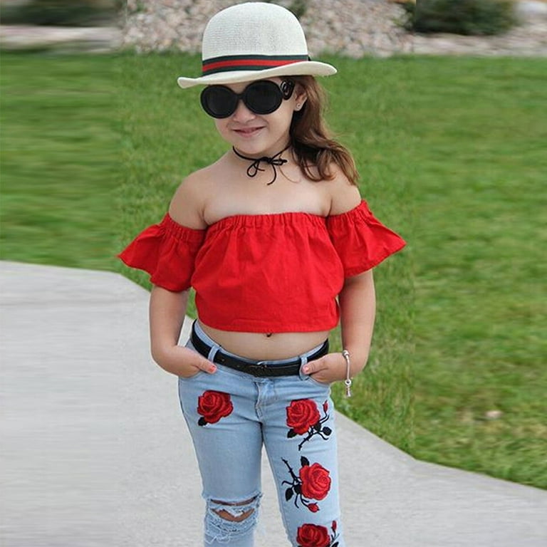 WHLBF Baby Girl Clothes Toddler off Shoulder Solid Tops+Hole Rose Denim  Jean Pants Outfits Red 120(120) 