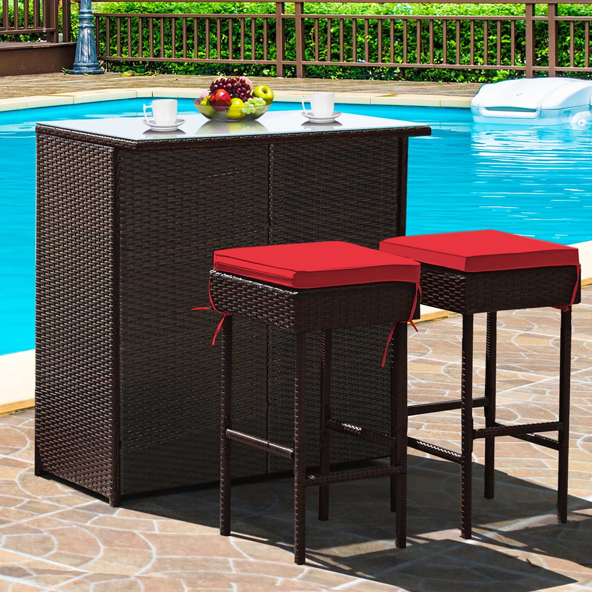 Costway 3pcs Patio Rattan Wicker Bar, Outdoor Wicker Bar Table And Chairs