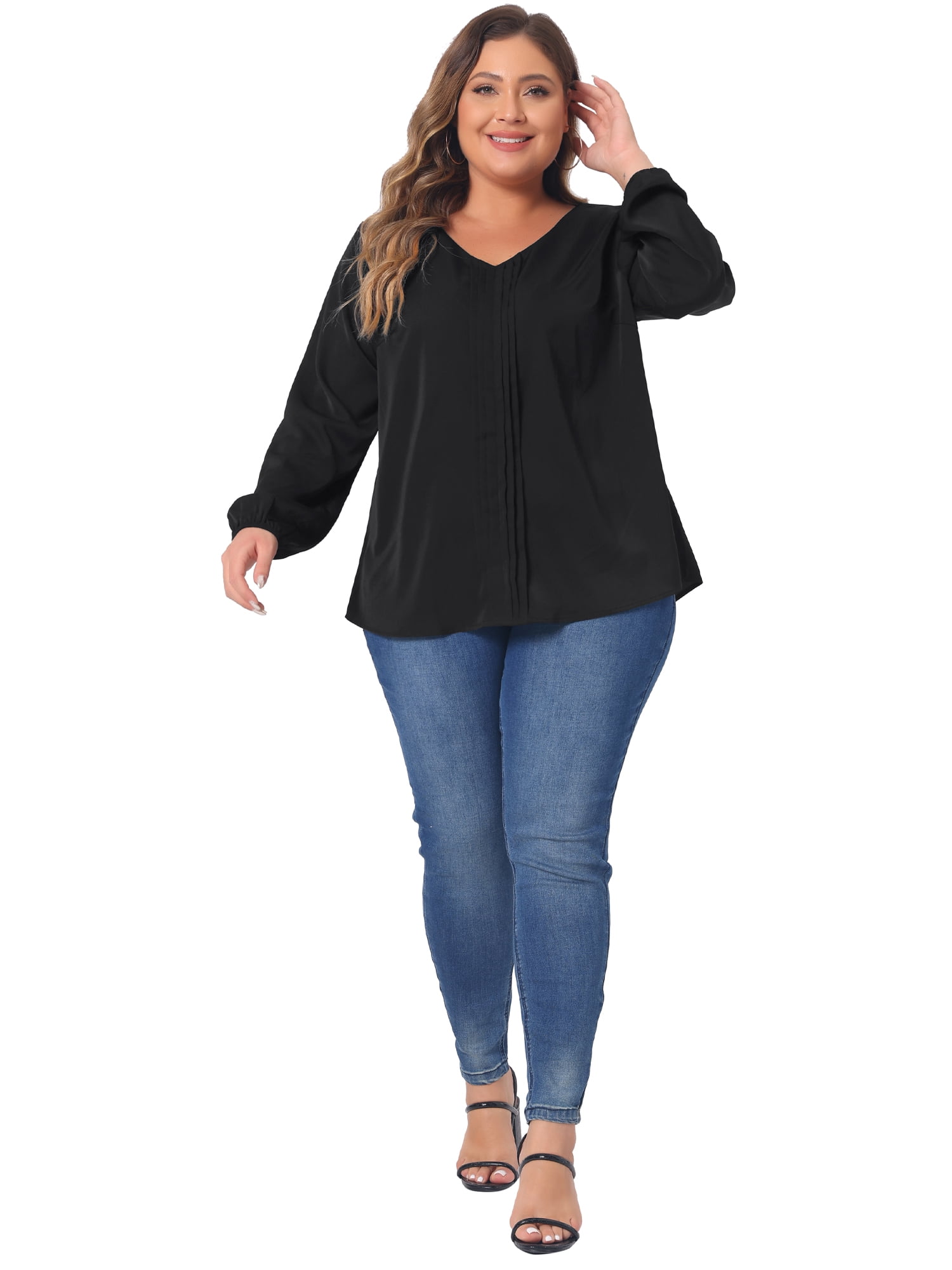 Unique Bargains Women's Plus Size Long Sleeve V Neck Chiffon Pleated Front Tops 4X Black