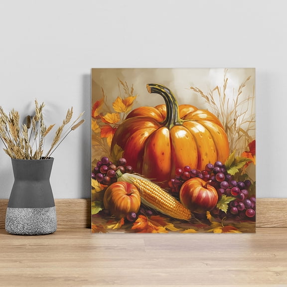 Orange Pumpkins Fall Wall Art Painting on Canvas, Watercolor Thanksgiving Fruits Canvas Art Home Prints Wall Art Framed Modern Artwork for Living Room Bedroom Wall Decor 8x8in