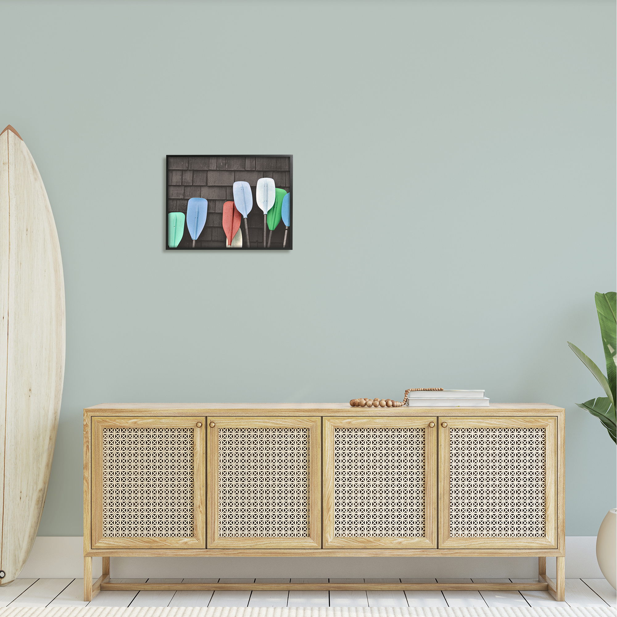 Stupell Industries Mixed Ores Against Beach Shed Boating Paddle Photograph Black Framed Art Print Wall Art, Design by Daphne Polselli