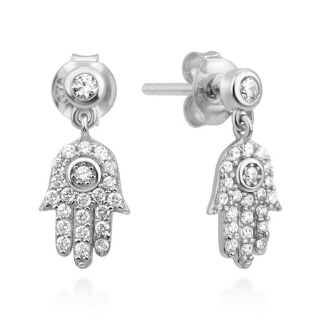Chuvora 925 Sterling Silver CZ Hamsa Hand of Fatima Good Luck Symbol Dangle Drop Earrings 15 mm