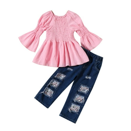 

EHQJNJ Baby Girl Outfits 0-3 Months Toddler Girls Flare Sleeve T Shirt Tops Denim Pants Trousers Outfits Half Birthday Outfit Baby Girl Fourth of July Outfits Girl