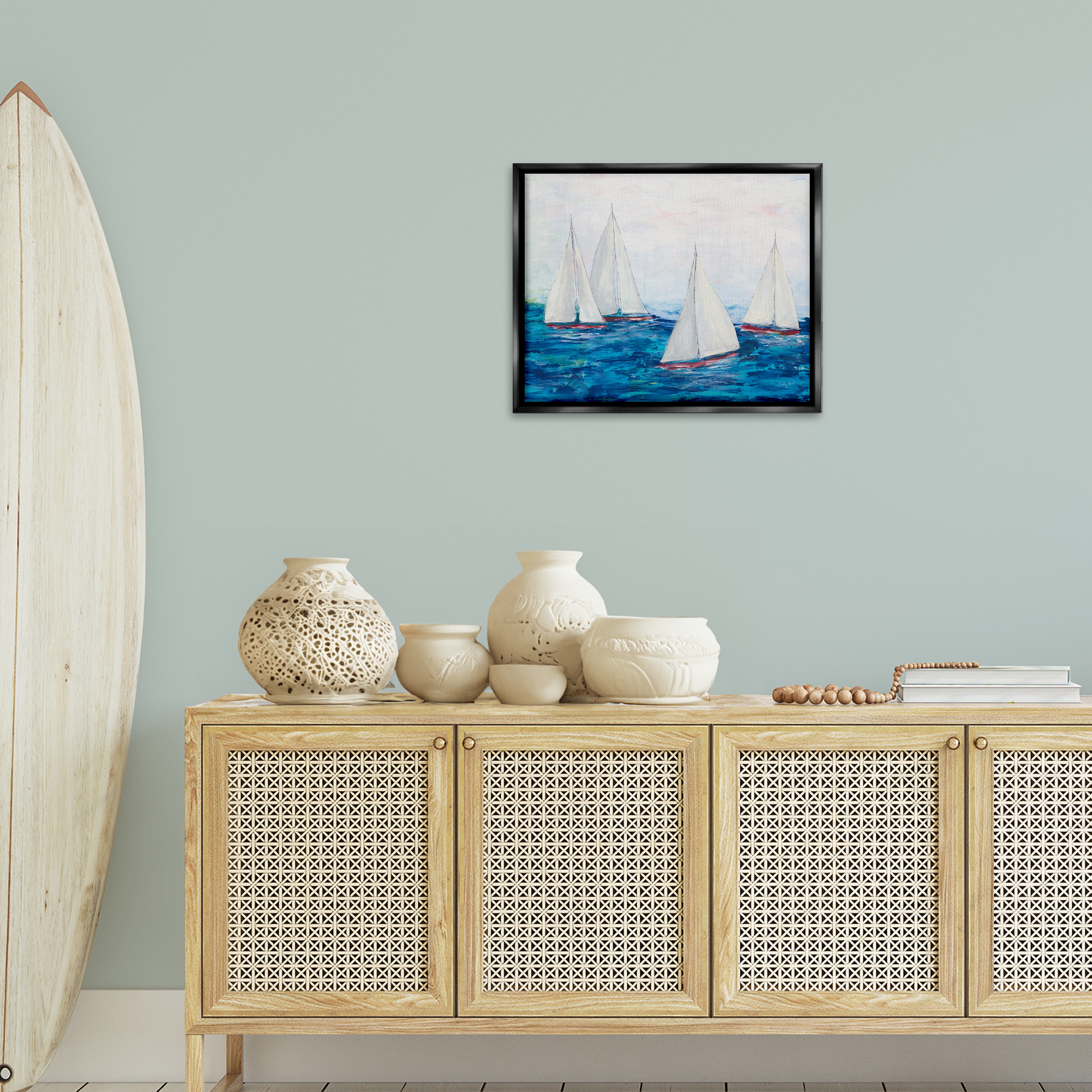 Stupell Industries Sailboat Fleet on Ocean Coastal Painting Black Floater Framed Canvas Art Print Wall Art, 21 x 17