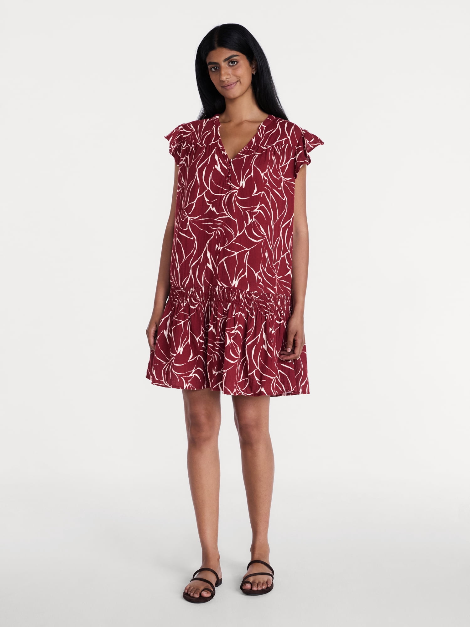 Time and Tru Women's Double Cloth Mini Dress with Flutter Sleeves, Sizes XS-XXXL