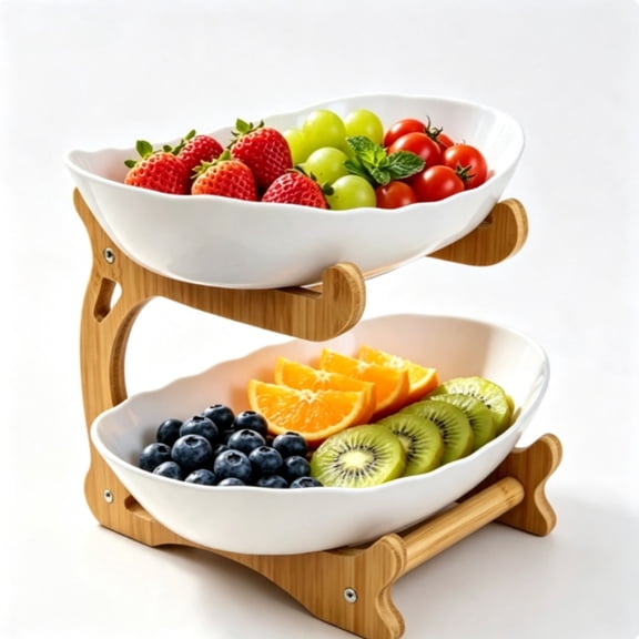 Fruit Bowl With Bamboo Wood Stand for Kitchen Counter,Plastic Fruit Basket for Vegetable Storage,Snack Dessert Cake Tray Plate Rack for Party Wedding - White