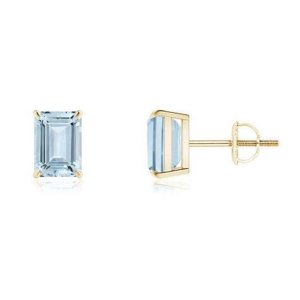 1.6 Carats Claw-Set Emerald-Cut Aquamarine Solitaire Stud Earrings For  Women in 14K Yellow Gold (7x5mm Aquamarine)