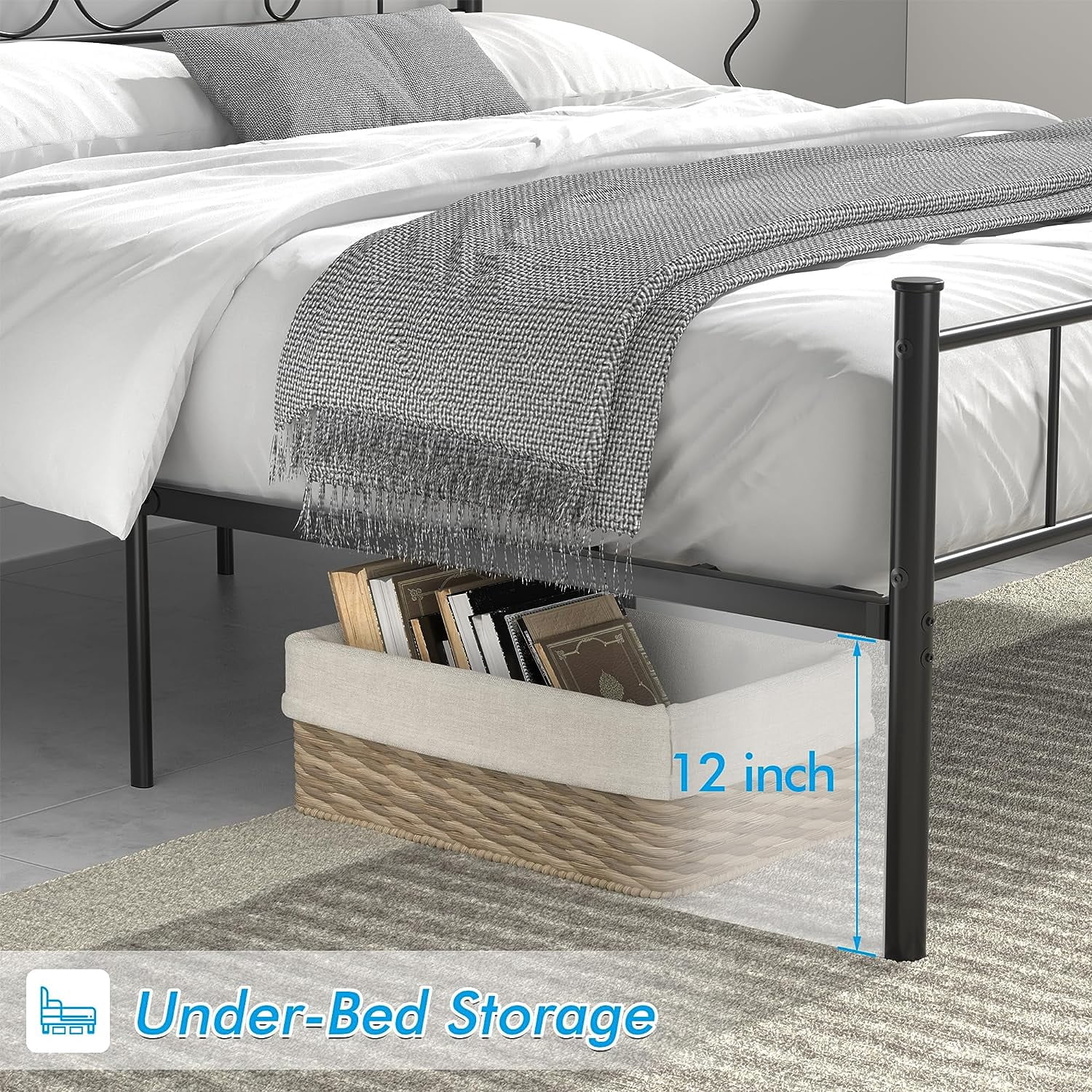 VECELO Queen Size Metal Platform Bed Frame with Headboard and Footboard, No Box Spring Needed/Strong Slat Support, Under Bed Storage, Black