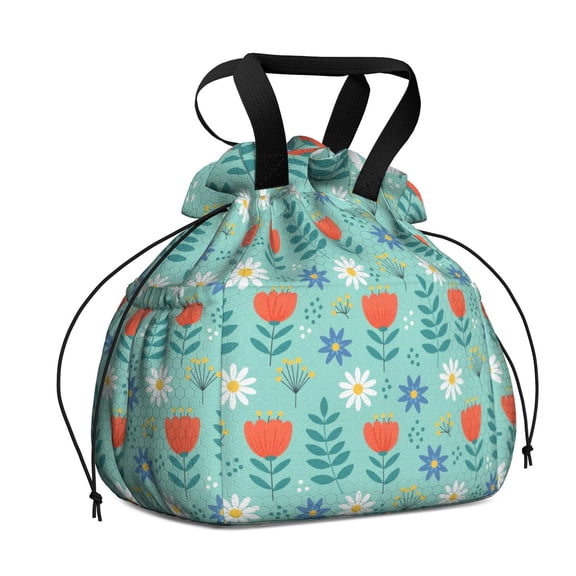 Pioneer Flower Floral Print Pattern Drawstring Lunch Bag Women - Drawstring Lunch Bag Insulated for Work Office - Stain-Resistant Large Lunchbags for Women with Multi-Pockets