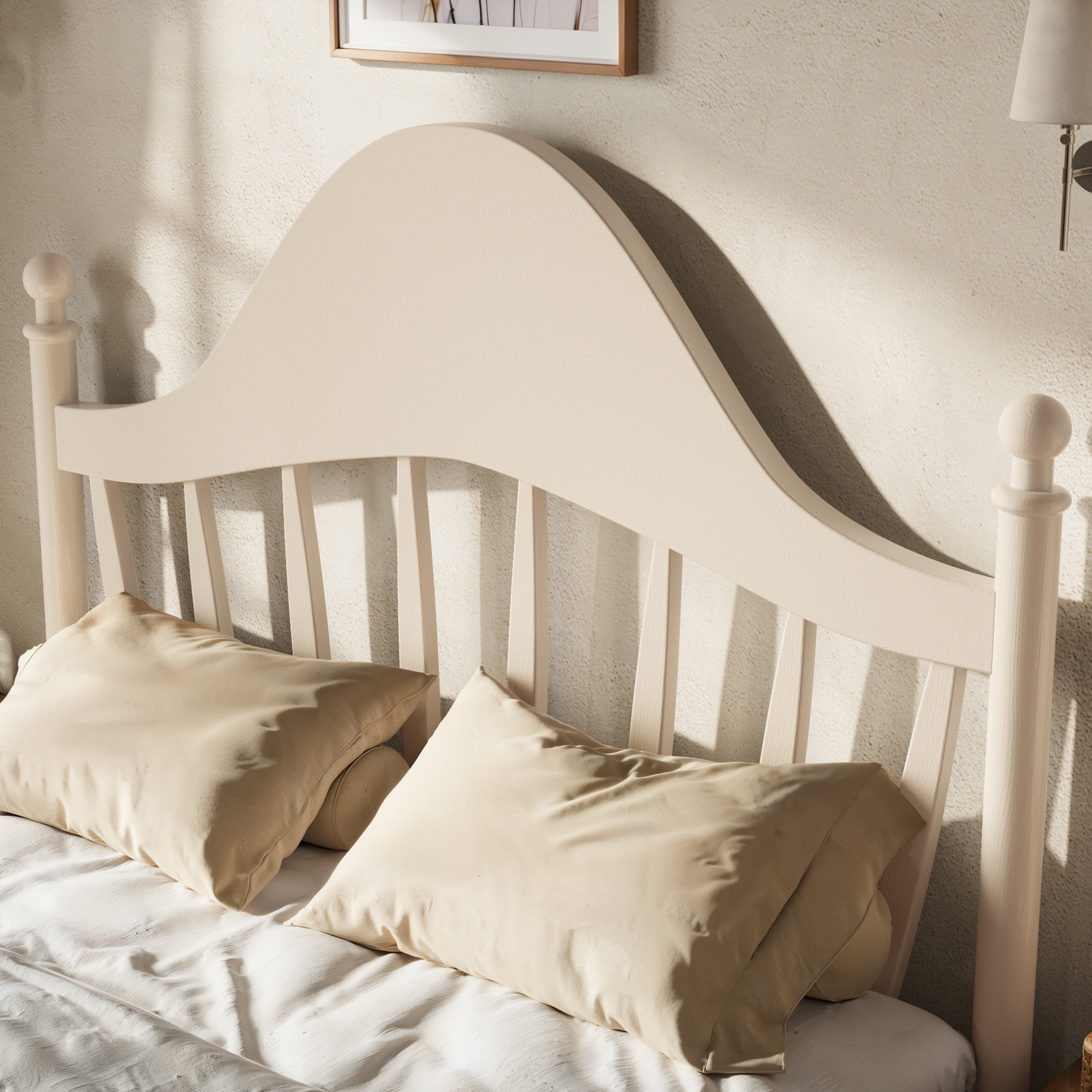 GDF Studio Full Size Platform Bed with Curved Headboard, Solid Pine Frame, Slatted Support, Beige