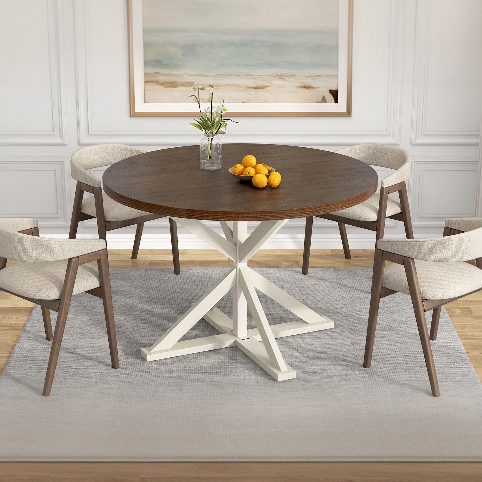 ChVans 47" Round Dining Table for 4 People, Rustic Farmhouse Wooden Round Table for Kitchen Living Roon Dinning Room