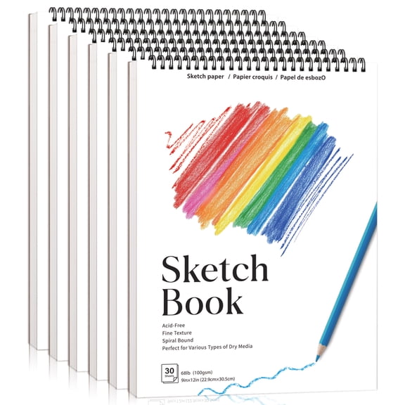 6 Pack Sketch Book, 9 x 12 Inch Sketchbook, 68lb/100gsm Spiral Bound Sketch Pad, Acid Free Art Supplies Drawing Painting Sketching Paper for Adults, Beginners, Artists (30 Sheets Each)