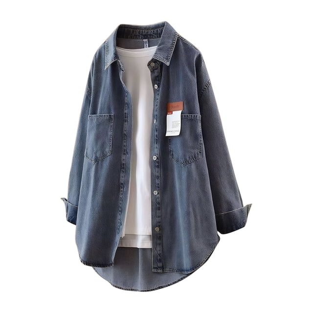 Veste en Denim pour Femmes, Chemise-Veste en Denim Décontractée pour Femmes à Coupe Régulière, Mi-Longue, à Simple Boutonnage, à Manches Longues, Coupe Ample, Chemise en Denim pour Femmes