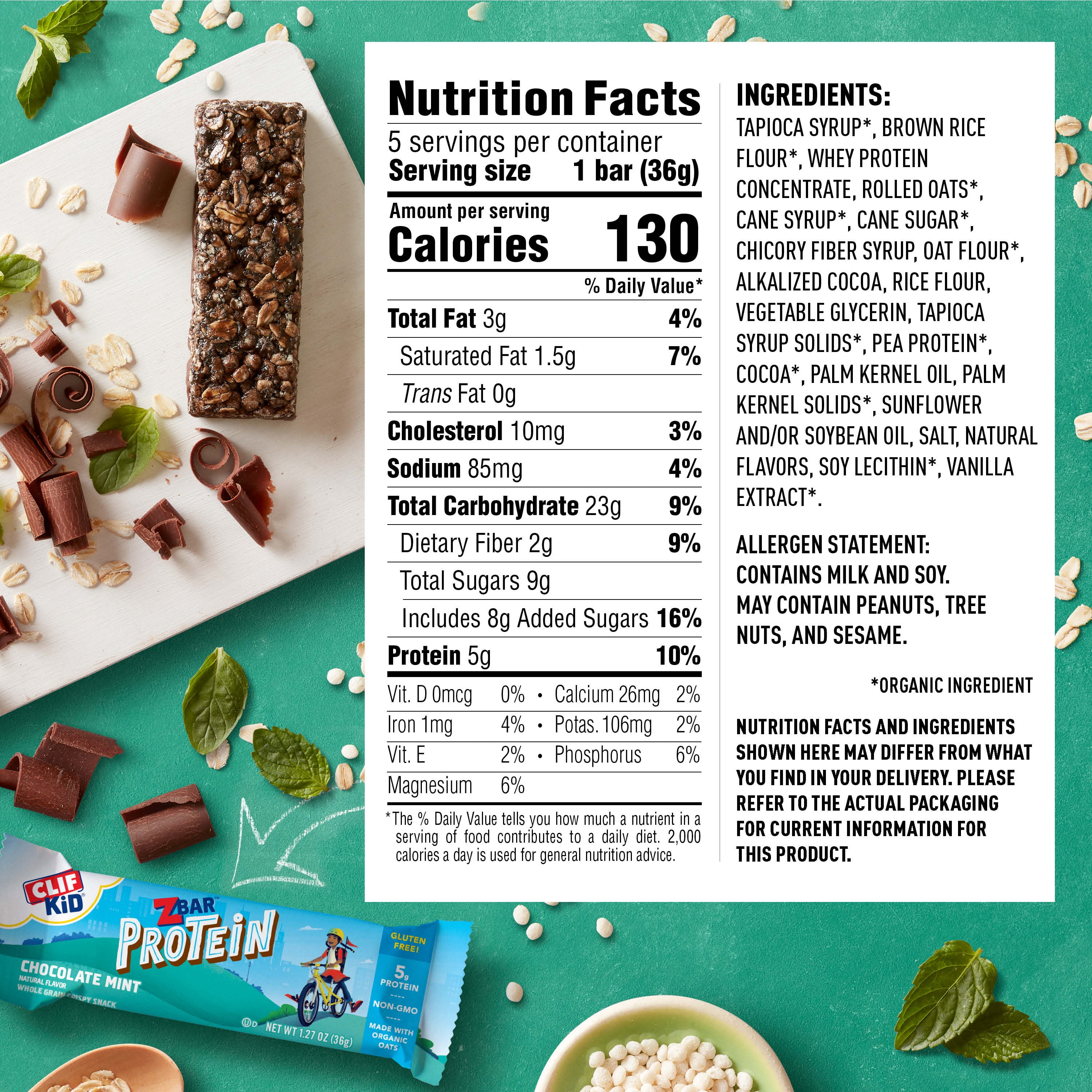 Clif Kid Zbar - Chocolate Mint - Organic - Whole Grain Snack Bars - Granola Bars - 5ct - 6 boxes