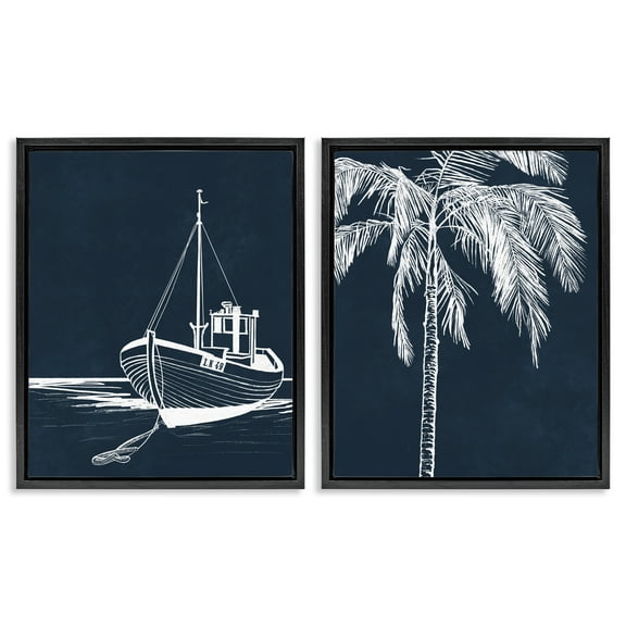 Stupell Industries Blue Boat & Palm Transportation Painting Black Floater Framed Canvas Art Print Wall Art, 17 x 21, Set of 2
