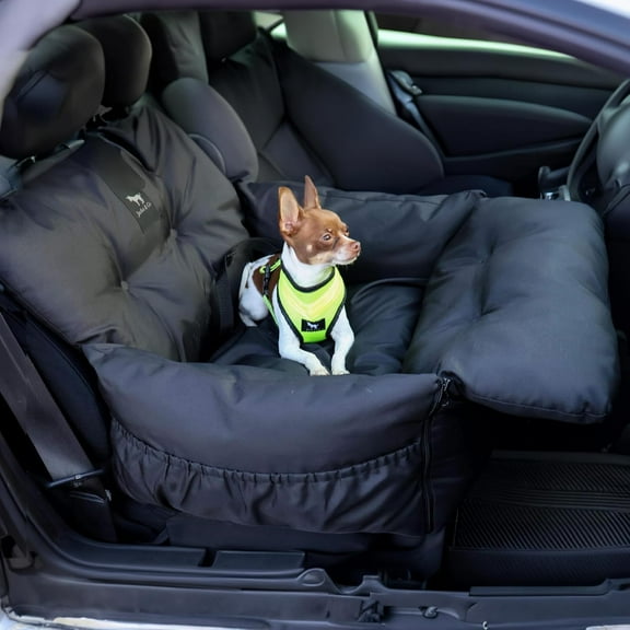JACKO & CO Premium Dog Car Seat – Safe & Cozy Travel Bed and Carrier for Small Dogs, Puppies, Pets up to 25 lbs, Clip-On Leash & Storage Pockets, Water-Resistant, Machine Washable (Black, Small)