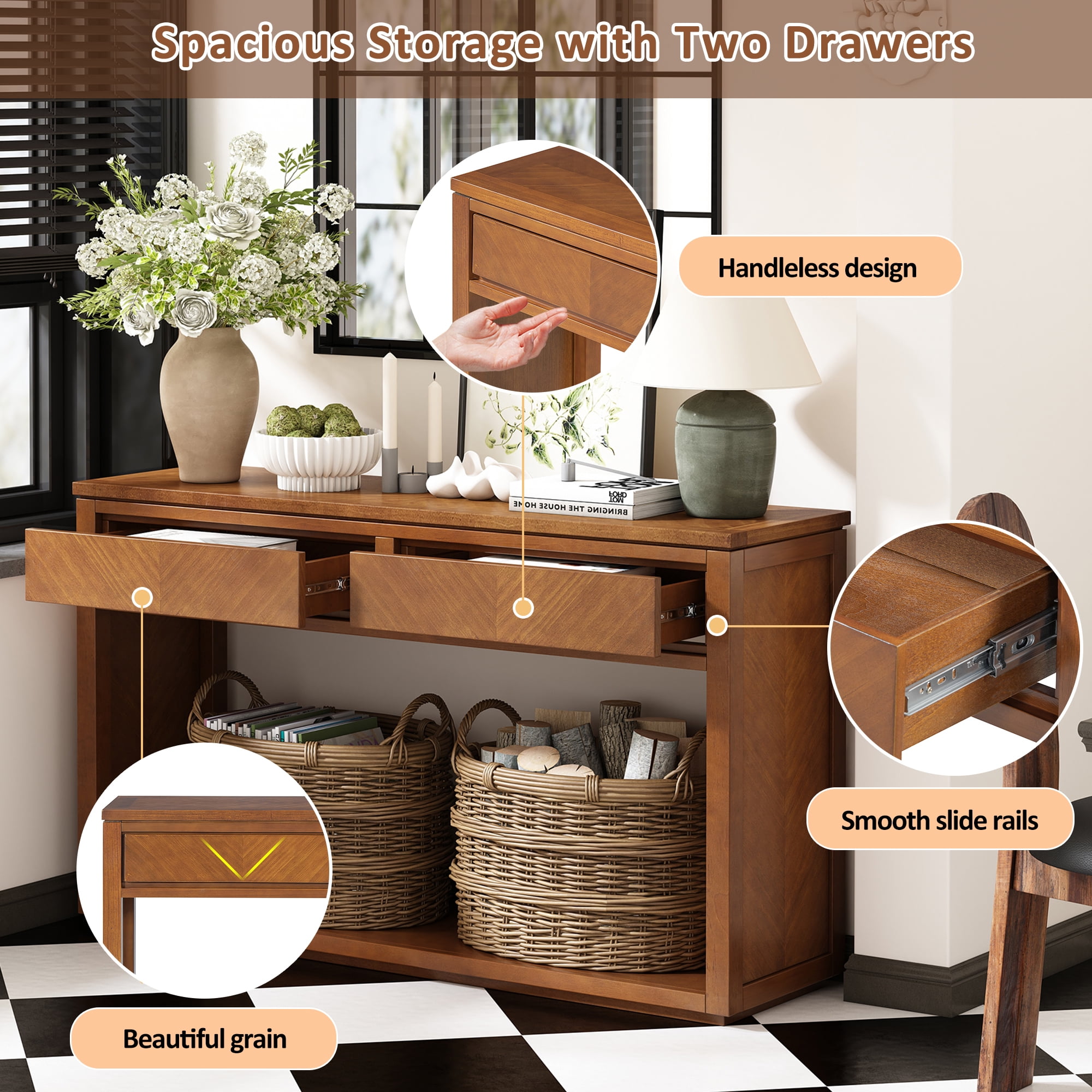 EUROCO 55" Long Console Table with 2 Drawers,Wooden Entryway Table with Open Storage Shelf, Sofa Table Behind Couch Foyer Tables for Living Room Hallway Entrance,Honey