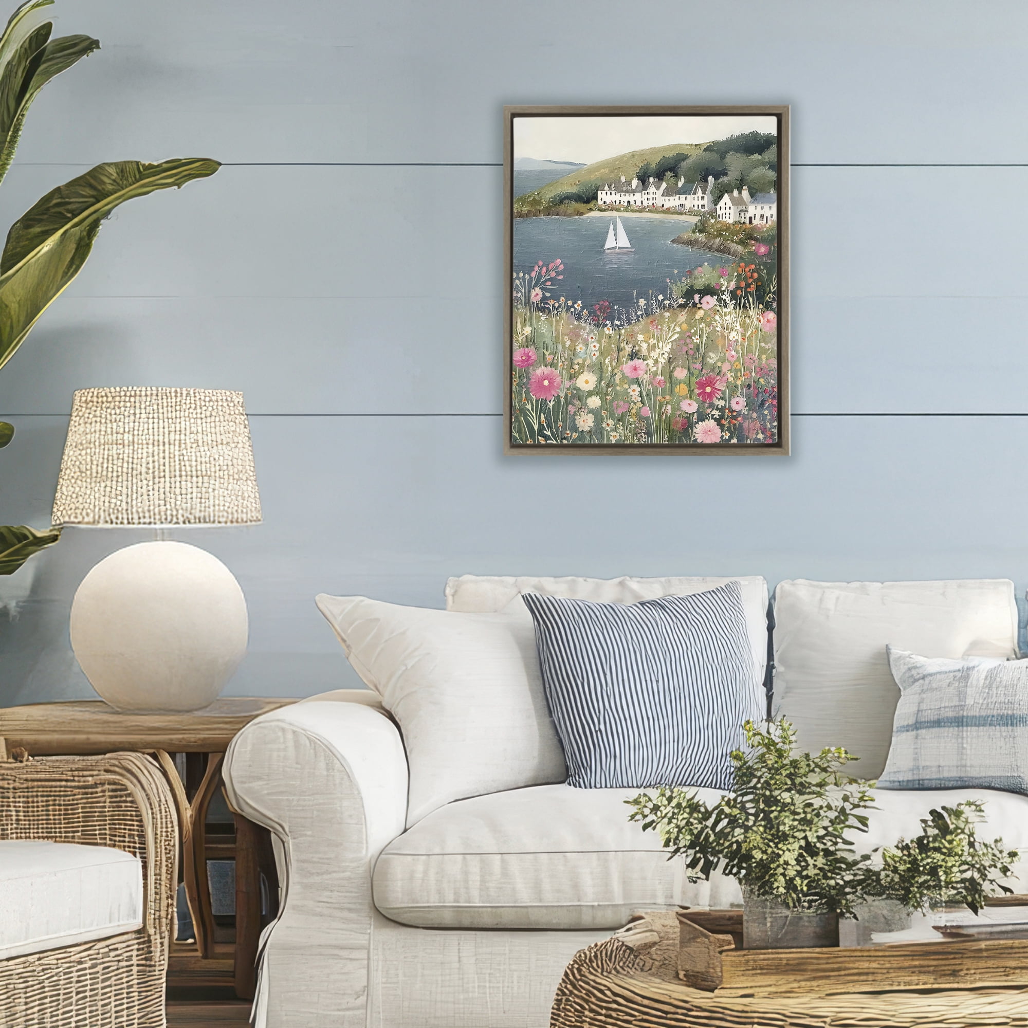 Stupell Industries Clifftop Meadow & Sailboat Brown Framed Floater Canvas Wall Art, design by Riley B