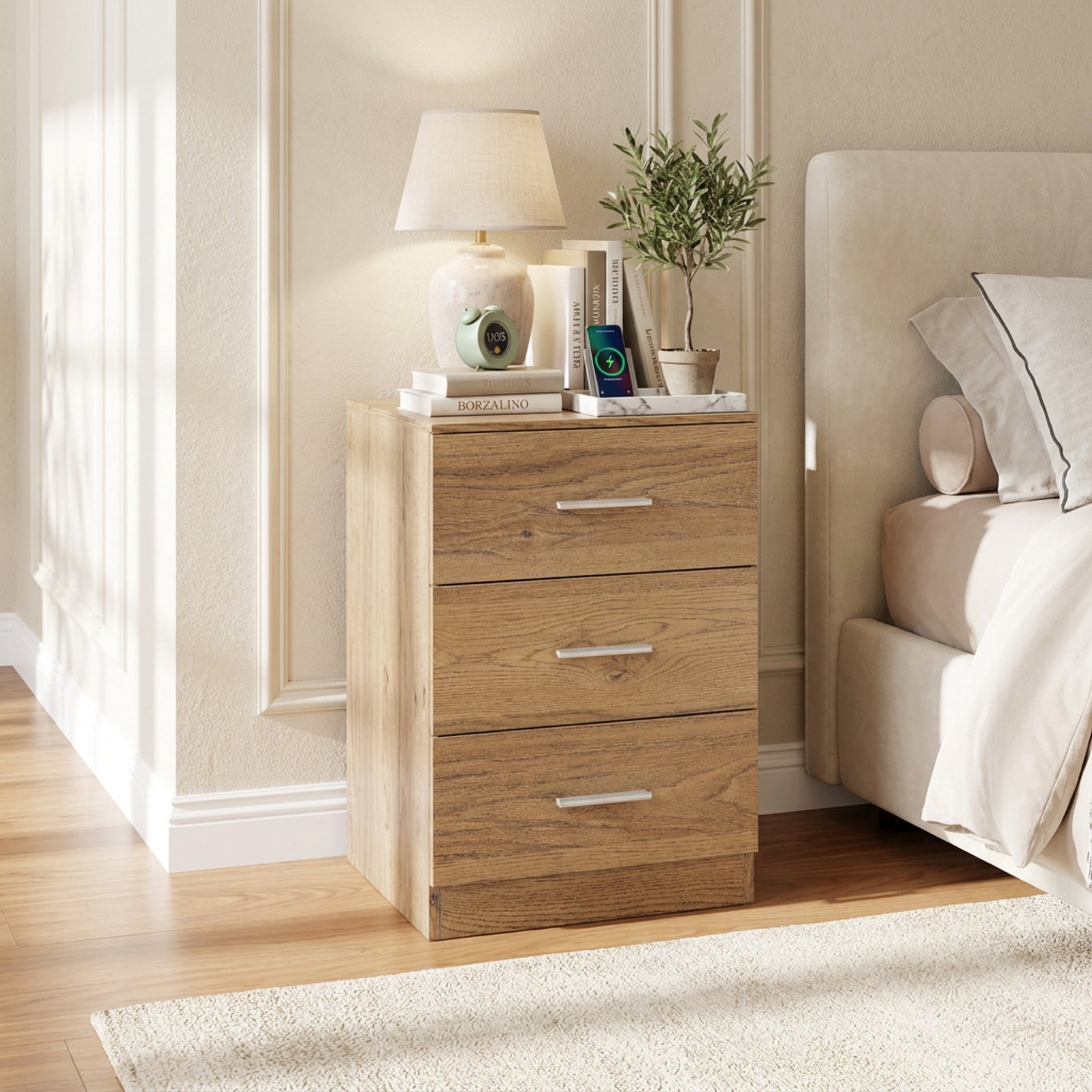 Furnibear Nightstand with Charging Station End Table with 3 Storage Drawers Bedside Table for Bedroom for Bedroom Living Room Bedside Sofa, Natural