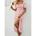 thumbnail image 2 of ZOELNIC Women's Floral Summer Dress Square Neck Puff Sleeve Boho Midi Dress with Ruched Bust & High Waist Split, Casual & Beach Outfit, M, 2 of 7