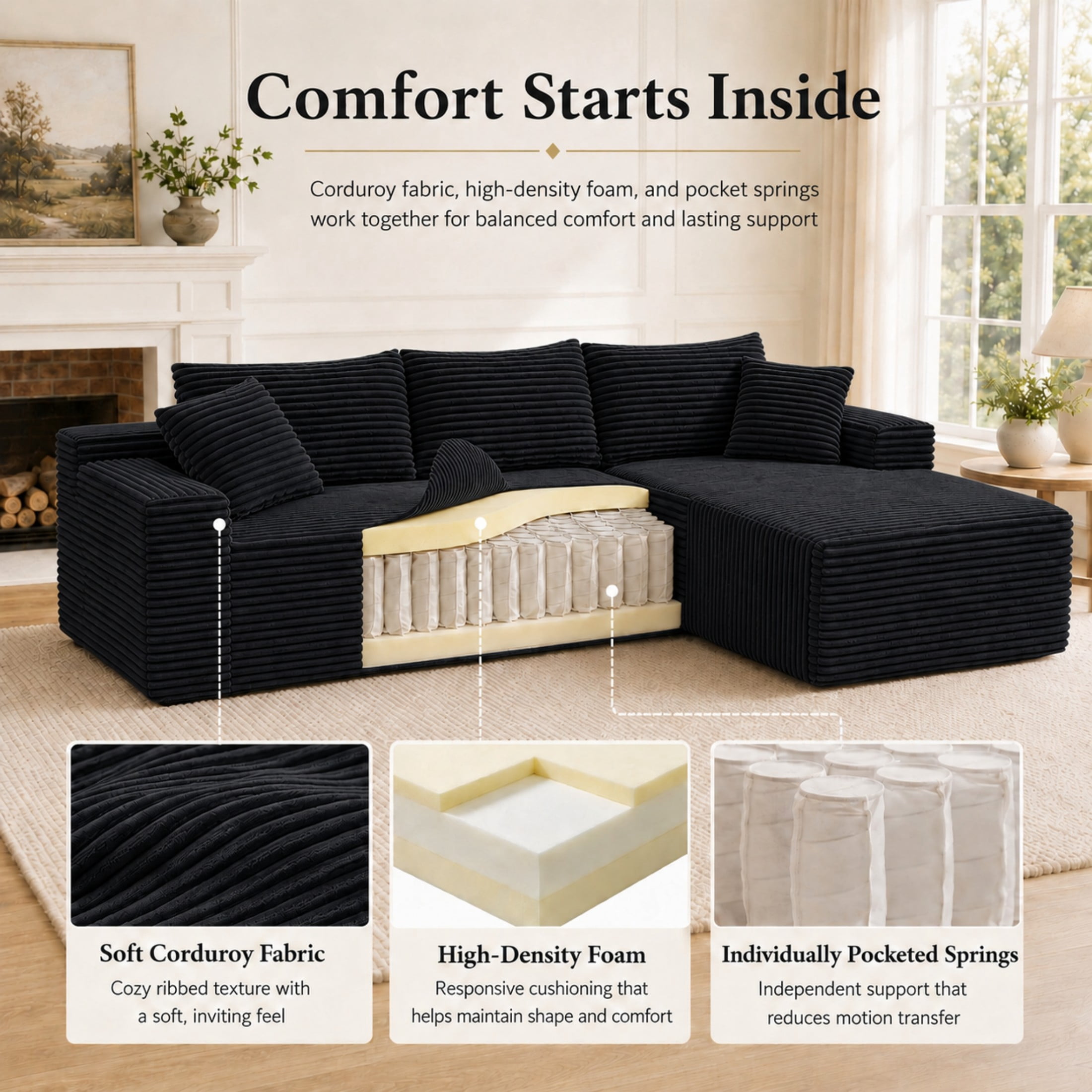 Aenkyo 106 Inch Corduroy L-Shaped Cloud Sectional Sofa with Reversible Chaise, Black