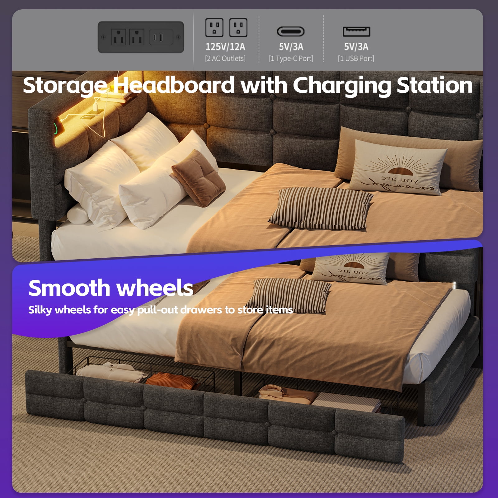 Euroco Upholstered Twin Size Daybed with Storage Headboard and Drawers, Sofa Bed with LED Light and USB Charging, Gray