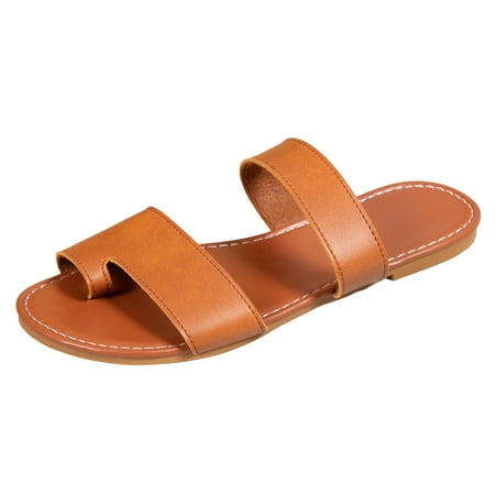 OJSFQUFP Womens Summer Slippers Ladies Fashion Summer Solid Leather Cover Toe Flat Bottom Open Toe Beach Sandals Soft Sole Outdoor Beach Shoes Washable Slippers Brown 38