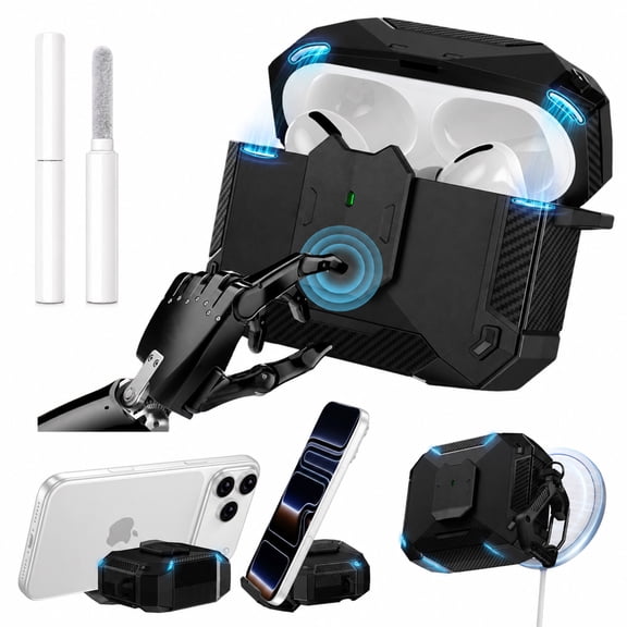 Dteck for AirPods 4 Case with Phone Stand, Compatible with MagSafe Wireless Charging, Shockproof Rugged Protective Cover with Carabiner Cleaning Kit,Black