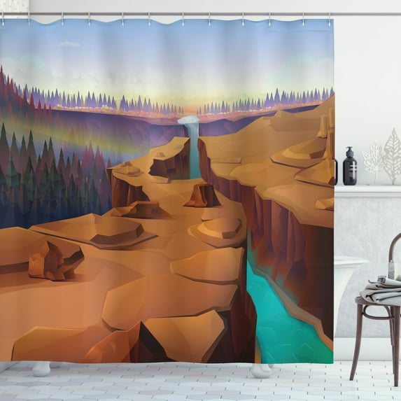 Southwestern Shower Curtain, Cartoon Canyon Landscape with Distant Forest Tree Silhouettes National Park, Fabric Bathroom Set with Hooks, 69W X 75L Inches Long, Multicolor, by Ambesonne