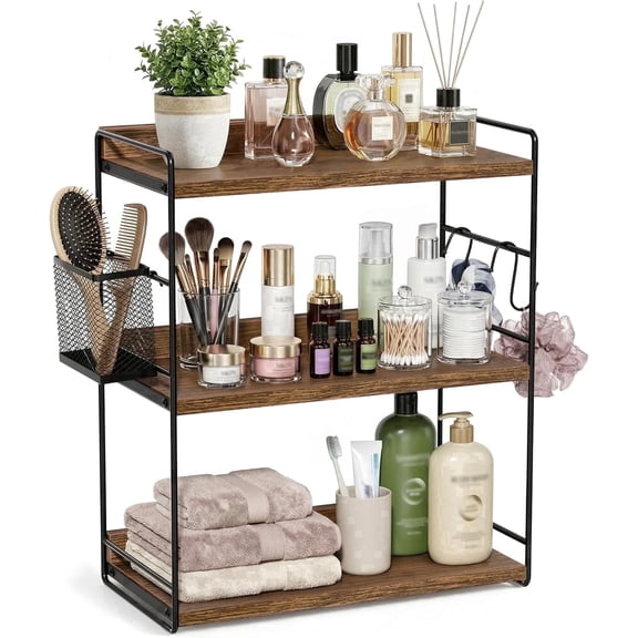 3-Tier Bathroom Counter Organizer with Basket, Vanity Organizer Counter Shelf for Skincare & Makeup Storage, Wood Countertop Organizers for Kitchen, Bathroom, Dresser