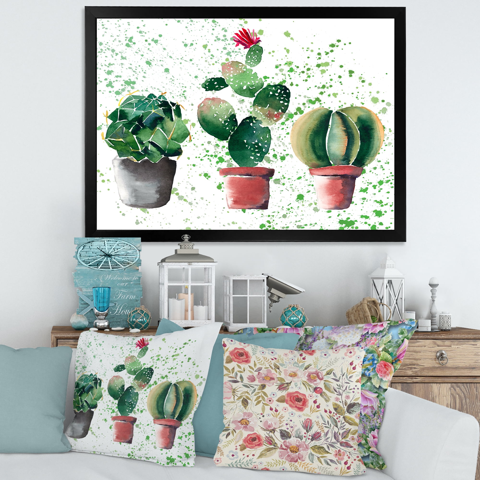 Designart 'Three Cacti In Clay Pots With Green Dots' Traditional Framed Art Print