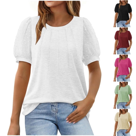 HVOBTTY Women's Comfortable Pullover Sport Tshirt,Summer Top for Women, Womens Casual Polka Print Ruffled Mesh Sleeve Crew Neck Pleated Short Sleeve Breathable Daily Wear T Shirt Beige, XXL