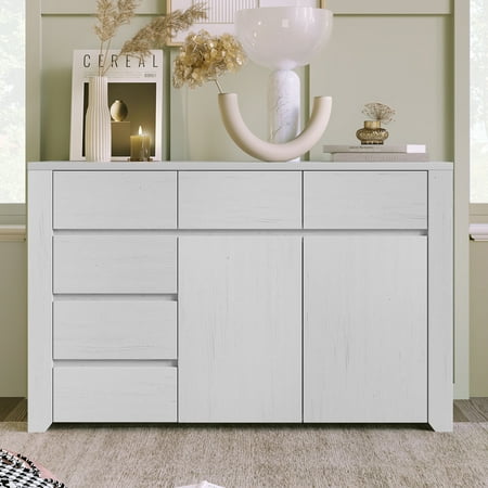

Toolish Off White Simple Style Manufacture Wood Dresser with Gray Wood Grain Sticker Surfaces Six Drawers and Two Level Cabinet Large Storage Space for Living Room Bedroom Guest Room Children’s