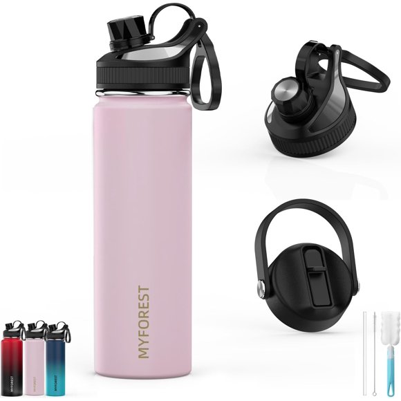 MYFOREST Insulated Water Bottle, 2 Lids for Small Sip/Large Gulp, 100% Dishwasher-Safe/Leak-Proof/BPA-Free/Top Handle/Carbonated Drinks/Cold/Hot (0.68L Light Pink, 680ml/22oz)