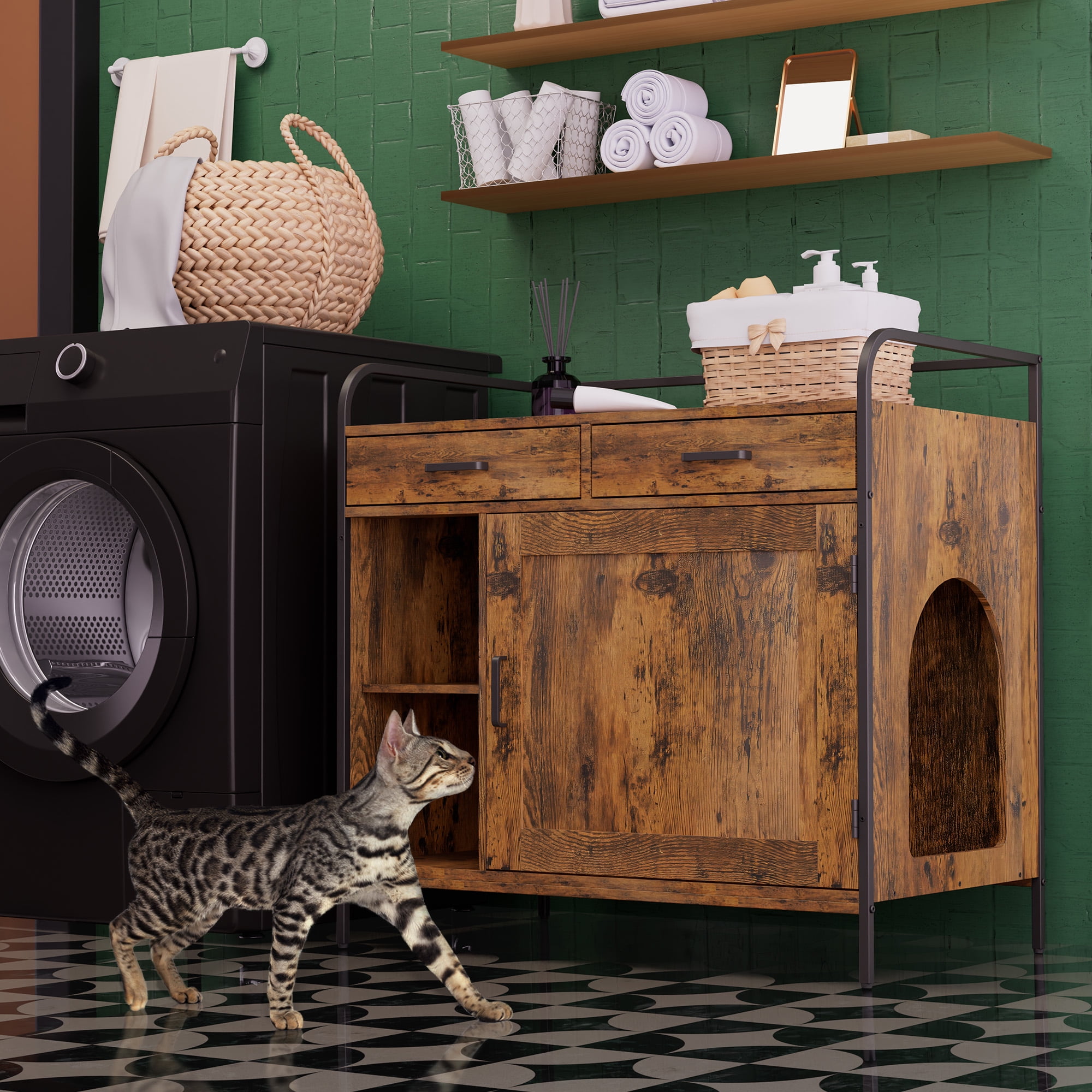 WISHIVE Litter Box Enclosure with Drawers, Hidden Cat Litter Box Enclosure, Cat Litter Box