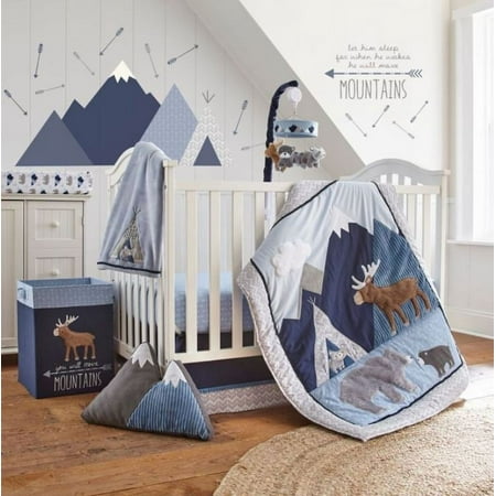 UPC: 0190945039859 | Levtex Baby – Trail Mix Crib Bed Set – Baby Nursery Set – Grey Navy White and Blue – Bear Mountains – 4 Piece Set Includes Quilt Fitted Sheet Wall Decal & Skirt/Dust Ruffle