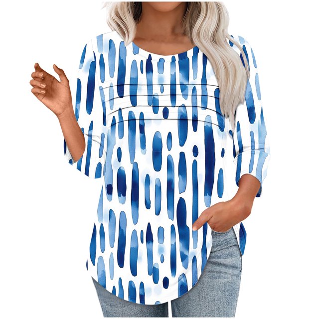 Heisall Women's T-Shirts Casual Abstract Striped Print Round Neck Three-Quarter Sleeve Loose Pullover 2025 New Arrival Fashionable Tops