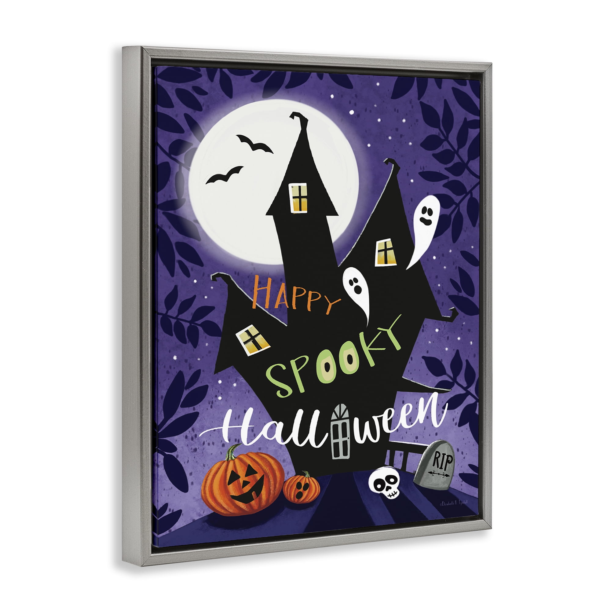 Stupell Industries Spooky Halloween House Holiday Painting Gray Floater Framed Canvas Art Print Wall Art, 17 x 21