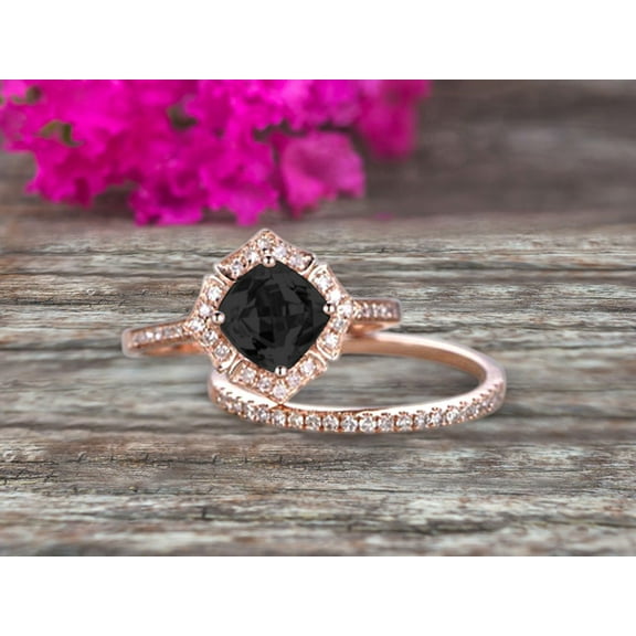 2.55 Carat Cushion Cut Black Diamond Moissanite Wedding Set Bridal Engagement Ring On 10K Rose Gold Vintage Art Deco Antique Flower Halo Design