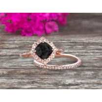 2.55 Carat Cushion Cut Black Diamond Moissanite Wedding Set Bridal Engagement Ring On 10K Rose Gold Vintage Art Deco Antique Flower Halo Design