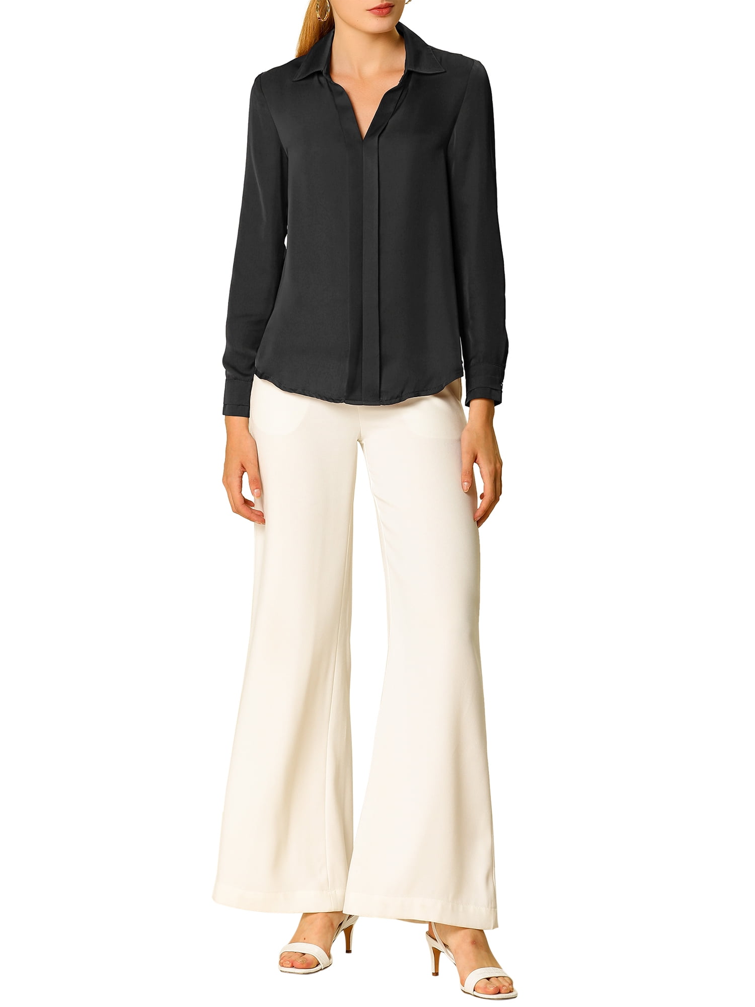 DARING DIVA Women's V Neck Classic Work Office Long Sleeve Shirt XS Black