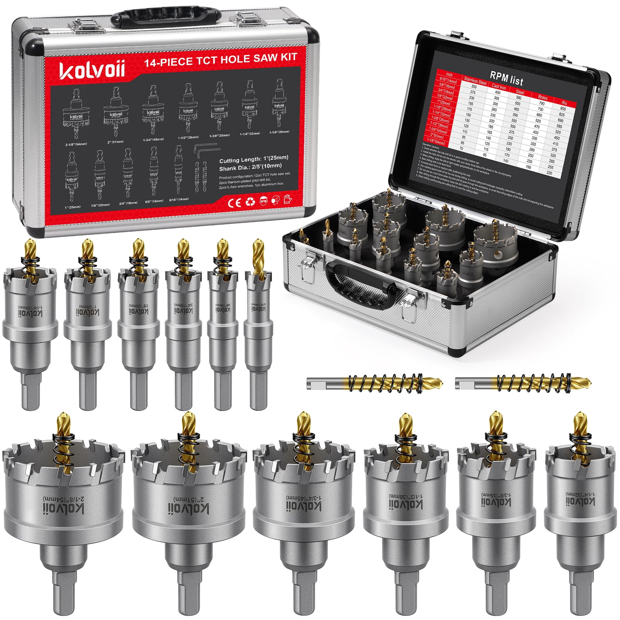 Drill Bit Set Kolvoii 14-Piece TCT Hole Saw Kit - Tungsten Carbide Tip Cutters (9/16