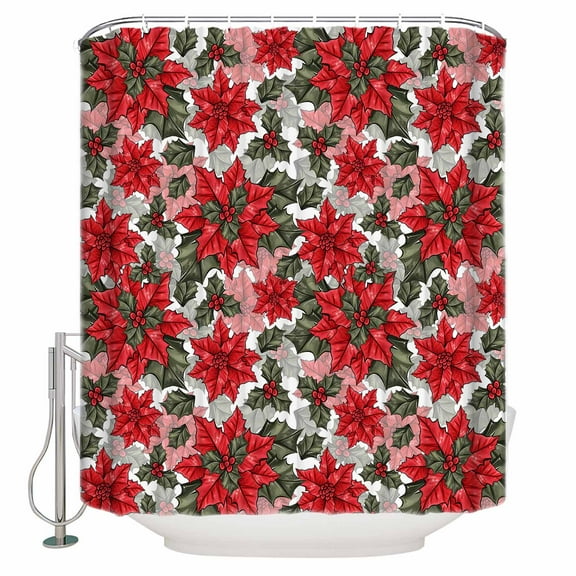 72x78 Inch Shower Curtain Christmas Poinsettia Bathroom Decor Waterproof Fabric Bathtub Bath Curtains Decorative Xmas Floral Botanical Red Extra Long Shower Curtain Set with Hooks