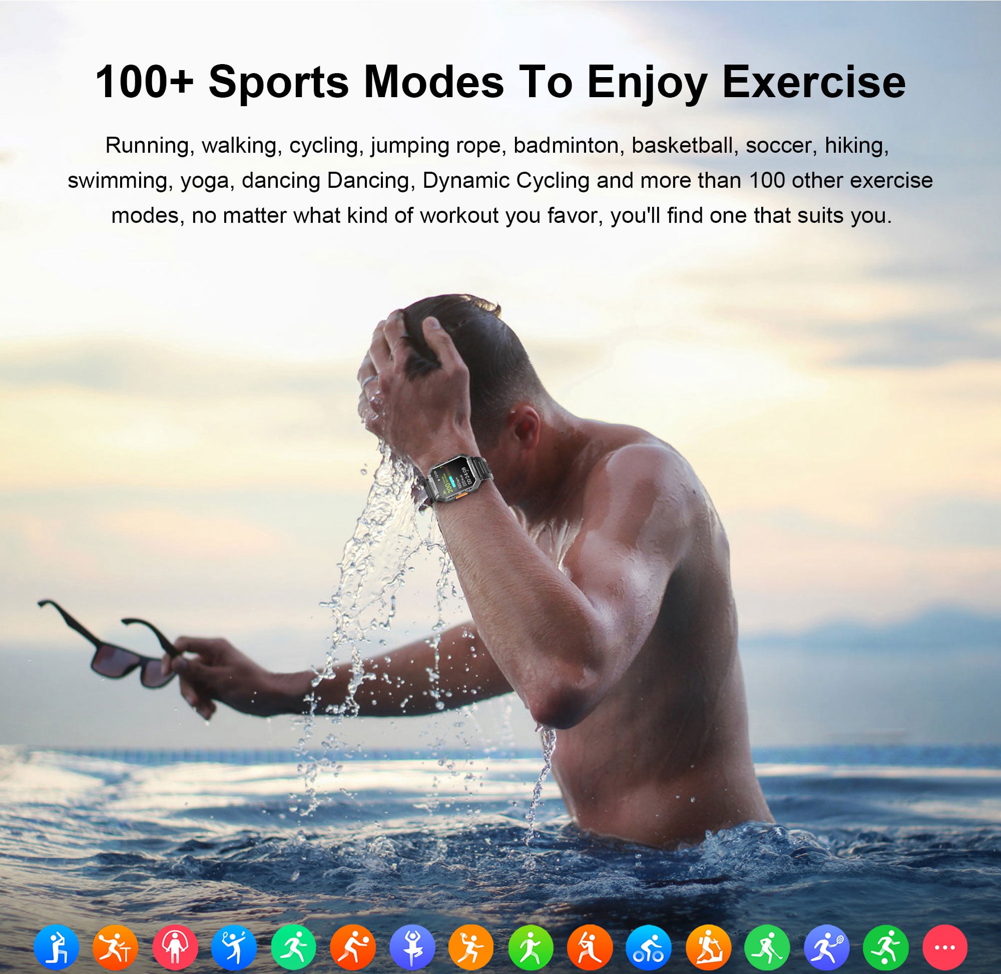 IOWODO 2.01-inch Men Military Smartwatch with Answer/Make Calls/100+ Sport Modes, 1ATM Waterproof Fitness Tracker with LED Flashlight, Travel Pedometer Watch fits for Android/Iphone Devices (Black)