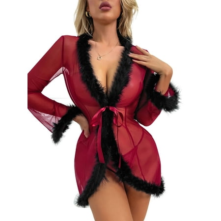 

Yolossia Womens Babydoll Fluffy Fur Nightwear Long Sleeve Lingerie Robe G-string Sleepwear